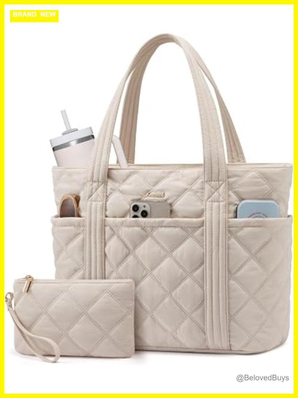 Puffer Tote Bag with Cup Holder, Work Handbag for Laptop, Travel Carry On,